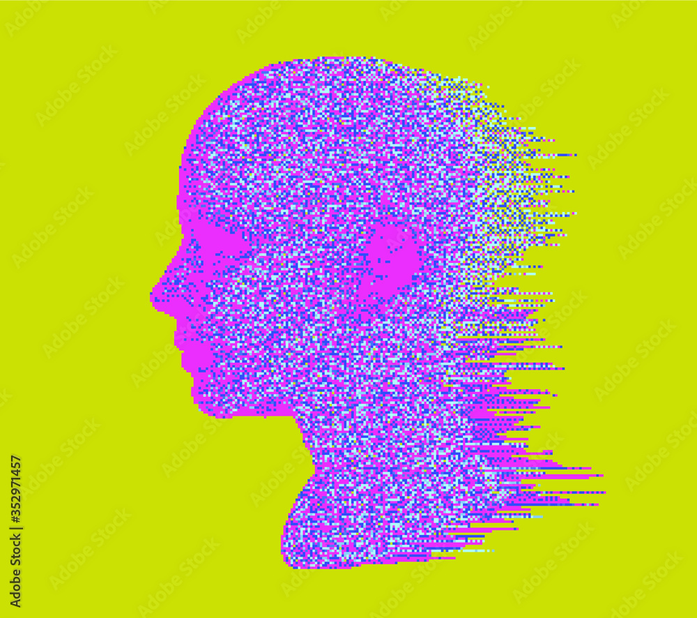 Poster artificial intelligence and psychological profiling concept. human head with glitched pixels, distor