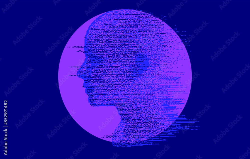 Poster artificial intelligence and psychological profiling concept. human head with glitched pixels, distor