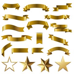 Obraz premium Golden Ribbons And Stars Set White Background