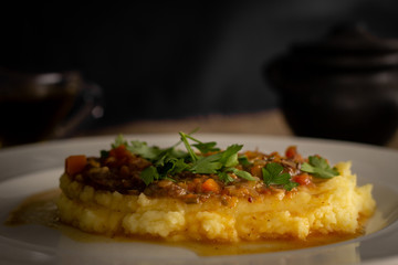 Mashed cassava with red sauce