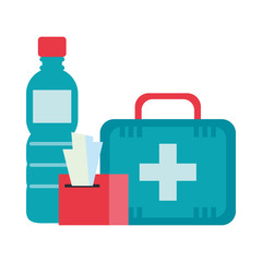 medical kit with water bottle and damp cloths