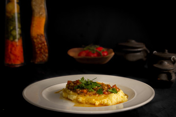 Mashed cassava with red sauce