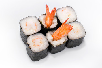 Japanese roll of nori, rice and shrimp on a white background
