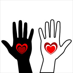 Black hand with red heart isolated on white background. Red Heart placed on the palm. Vector hand drawn illustration.