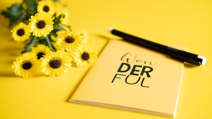 Beautiful yellow ideas keeper. Background for modern girl education concept. Planer notes. Write...