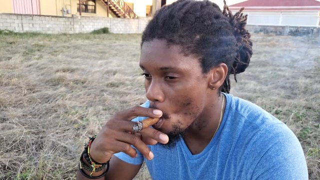 Young African American Caribbean dreadlock rasta model / actor smoking in tropical island scene
