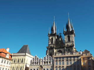 Fototapeta na wymiar Temple of the Virgin Mary in Prague. Towers of the Tyn Church.