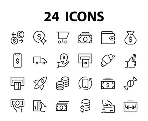 BUSINESS and FINANCE Thin Line Icon Set, contains icons such as Coins, Currency Exchange, Card Payment, Terminal and much more, Editable Line, Vector Illustration
