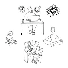 father, mother, son and daughter together at home, have personal space and time for their interests and business, black and white, doodle, sketch
