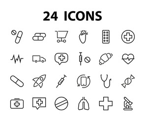 Simple Set of Medicine, Pills Related Vector Line Icons. Contains icons such as Pain, Syringe, tablet and more. Editable stroke. 480x480 pixels perfect, on a white background