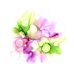 Abstract colorful watercolor or alcohol ink background in violet and green colors.