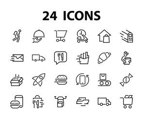 PIZZA DELIVERY, and Food Icon Set Vector thin line, contains courier, home delivery, food ordering, fast transport, drone, ship, car, editable stroke. ICONS circuits