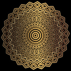 Gold 3d geometric greek vector round mandala pattern. Ornamental textured abstract modern background. Surface texture. Ancient greek key meander luxury ornament. Metallic golden flower. Zigzag design