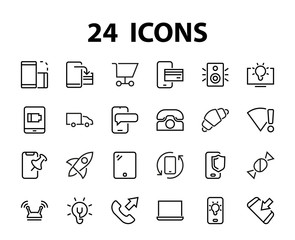 GADGET A set of icons of smart devices, such as a laptop computer, tablet, program protection, phone, digital network, thin line vector, editable stroke