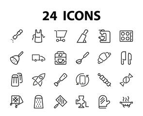 KITCHEN ICON Cooking process, Kitchen tools, Icon set, thin line vector has a blender, oven, knife, grater, barbecue, apron, barbecue, grill, coffee machine, kitchen glove, Editable stroke
