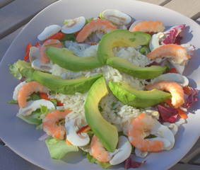 assiette de riz, avocat ,crevette champignon ,et oeuf