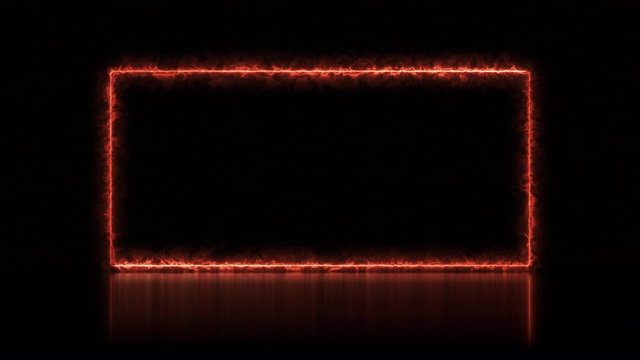 Burning  rectangle on dark background. Bright flames in the form of a square frame fire. Seamless loop