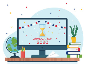 Concept of graduating from online learning in 2020. Training in conditions of isolation, quarantine. Vector illustration in flat style