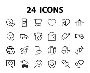  The set of icons about love contains such icons as love of music, declaration of love, heart, favorite home, Linear set. Vector on a white background. Editable stroke. 480x480