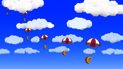 Euros falling from the sky, with clouds in background, in wide format. During a financial crisis, governments and welfare agencies offer financial assistance. 