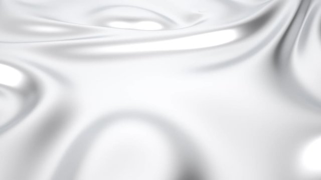 Abstract white silver liquid motion. Flowing and rippling waves. Metallic, vibrant texture. Luxury and elegant surface. Graphic design template. 3D Render. Satin, silk material with smooth reflections