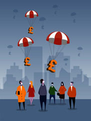 Pounds floating into UK communities as the governments deploy financial relief plans for impending recession from the COVID-19 crisis. Citizens are looking up with city backdrop