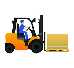 Forklift truck with driver with pallete and box. Cargo delivery, shipping, transportation. Stock flat vector illustration on white isolated background.