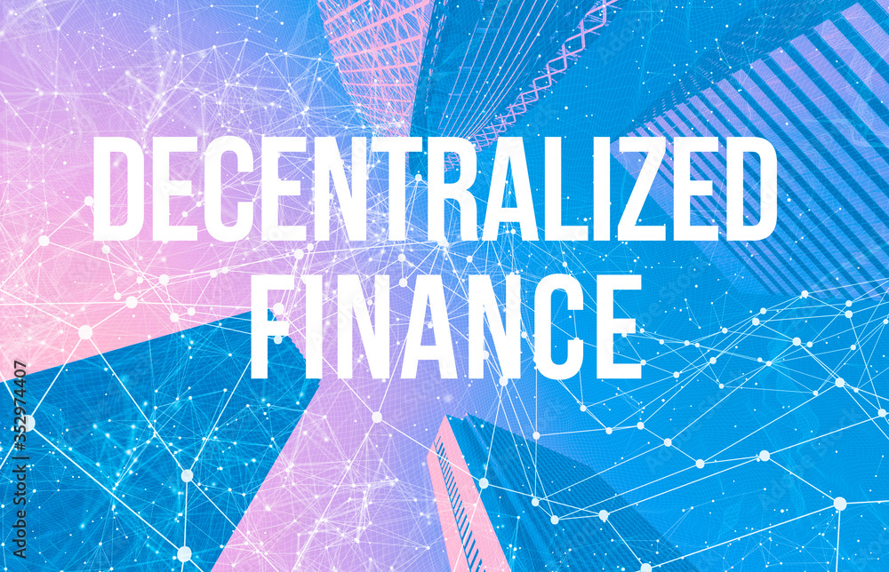 Poster decentralized finance defi theme with abstract network patterns and skyscrapers