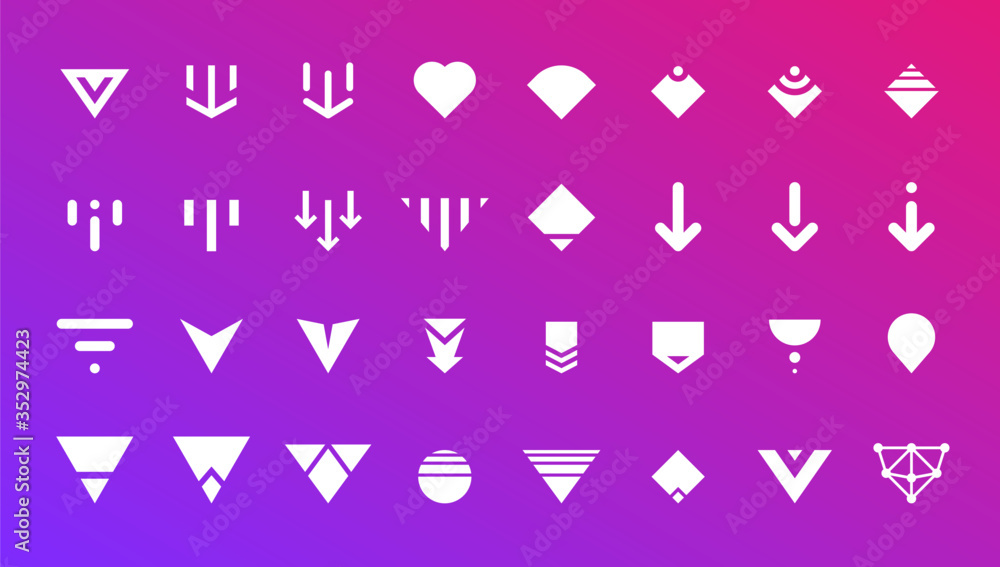 Poster swipe top down or download icon scroll pictogram set for blogger web ui ux design. vector white arro
