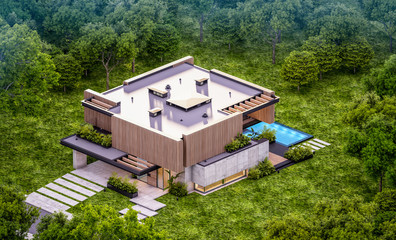 3d rendering of modern cozy house with parking and pool for sale or rent with wood plank facade and beautiful landscaping on background. Clear summer evening with cozy light from window.