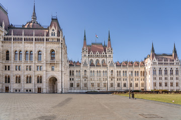 Fototapeta na wymiar Hungarian Parliament building east side facade with scaffolding in Budapest morning