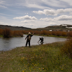 Two men flying fishing on a wild trout stream in Wyoming.