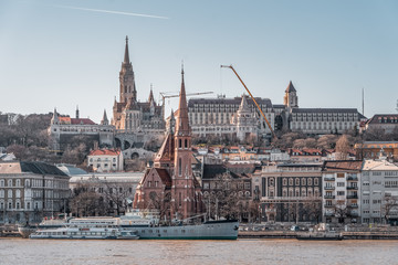 Danube river view of Pest side with Fisherman's bastion, matthias church, and szilagyi dezso square...