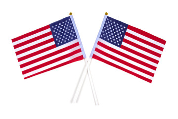 Two american flags isolated on white. National symbolic of USA - flag Old Glory. Flag Day and Independence Day celebration concept