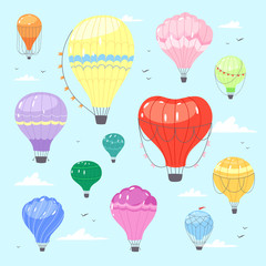Colorful set of hot air balloons or aerostat with basket in different shapes flying in sky with clouds. Vector illustration of traveling flying toy for poster, wallpapers, cards