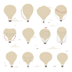 Colorful set of hot air balloons or aerostat with basket in different shapes flying in sky with clouds. Vector illustration of traveling flying toy for poster, wallpapers, cards