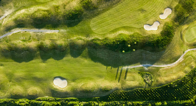 Drone view of a golf course with amazing shapes