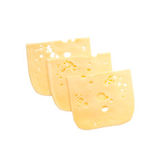 Three slices / plates of Swiss cheese in isolation, for wallpaper, packaging, advertising and background. Maasdam / Radamer - hard Dutch cheese with large openings.