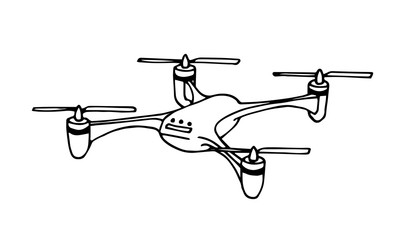 single simple postal drone, modern air digital  machine for delivering & surveillance, vector illustration with black contour lines isolated on a white background in a hand drawn style