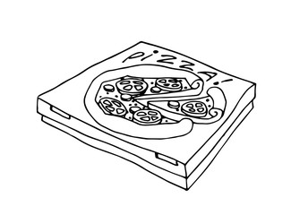 packaged pizza in a cardboard box, icon for fast food delivery, vector illustration with black contour lines isolated on a white background in a doodle & hand drawn style