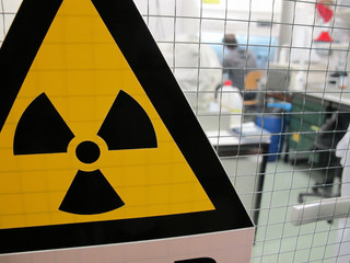 The radioactivity sign on the laboratory door