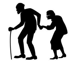 vector isolated black silhouette of a elderly couple with cane