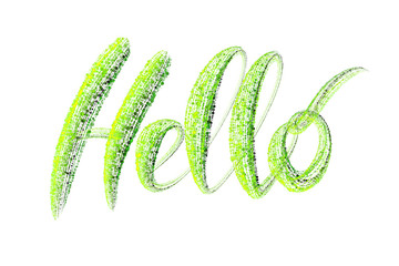 The word Hello is made up of glowing green particles isolated on a white background. Handwritten lettering overlay for your design