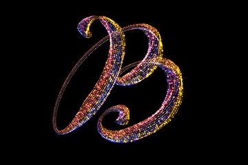 B - The capital letter handwritten made of multicolored luminous circles isolated on black background. Part of Alphabet series