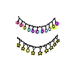 Hand drawn New Year and Christmas garland for greeting cards, posters, stickers and seasonal design. Isolated on white background. Doodle vector illustration.