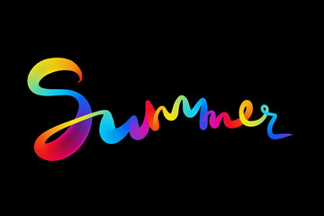 Hot summer lettering made by colorful rainbow fire or burning flame lettering over black background