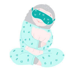 Cute cartoon sloth in pajamas. Flat vector illustration