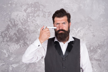 Straight razor is razor with blade that can fold into its handle. Shaving man. Hair salon. Vintage...