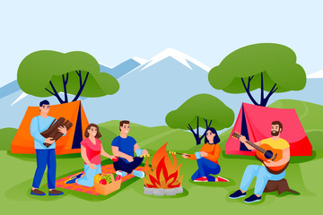 Obraz na płótnie Canvas Summer camping and ecotourism. Friends have rest in forest or mountains camping in tents. Vector people characters