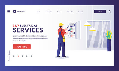 Electrician repairs electricity, installs fuse. Engineer makes house repair works. Vector worker character illustration